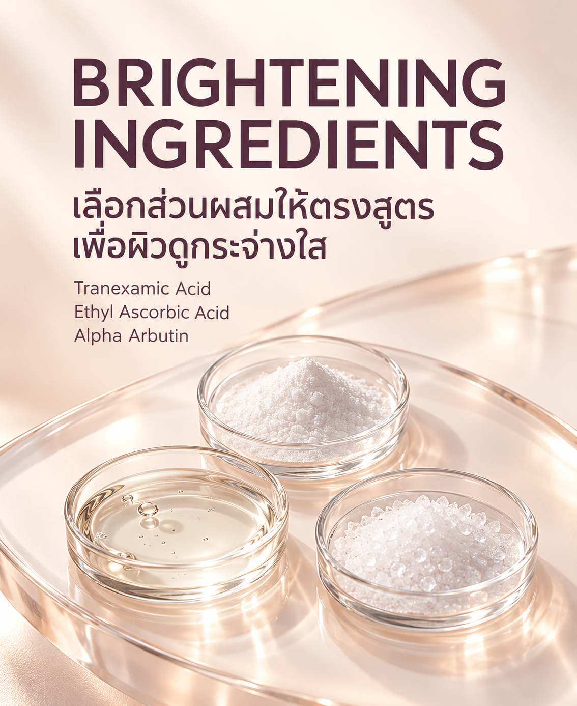 สารช่วยให้ผิวกระจ่างใสที่ทรงพลัง: Tranexamic Acid, Optimo-C™ Ethyl Ascorbic Acid และ Alpha Arbutin