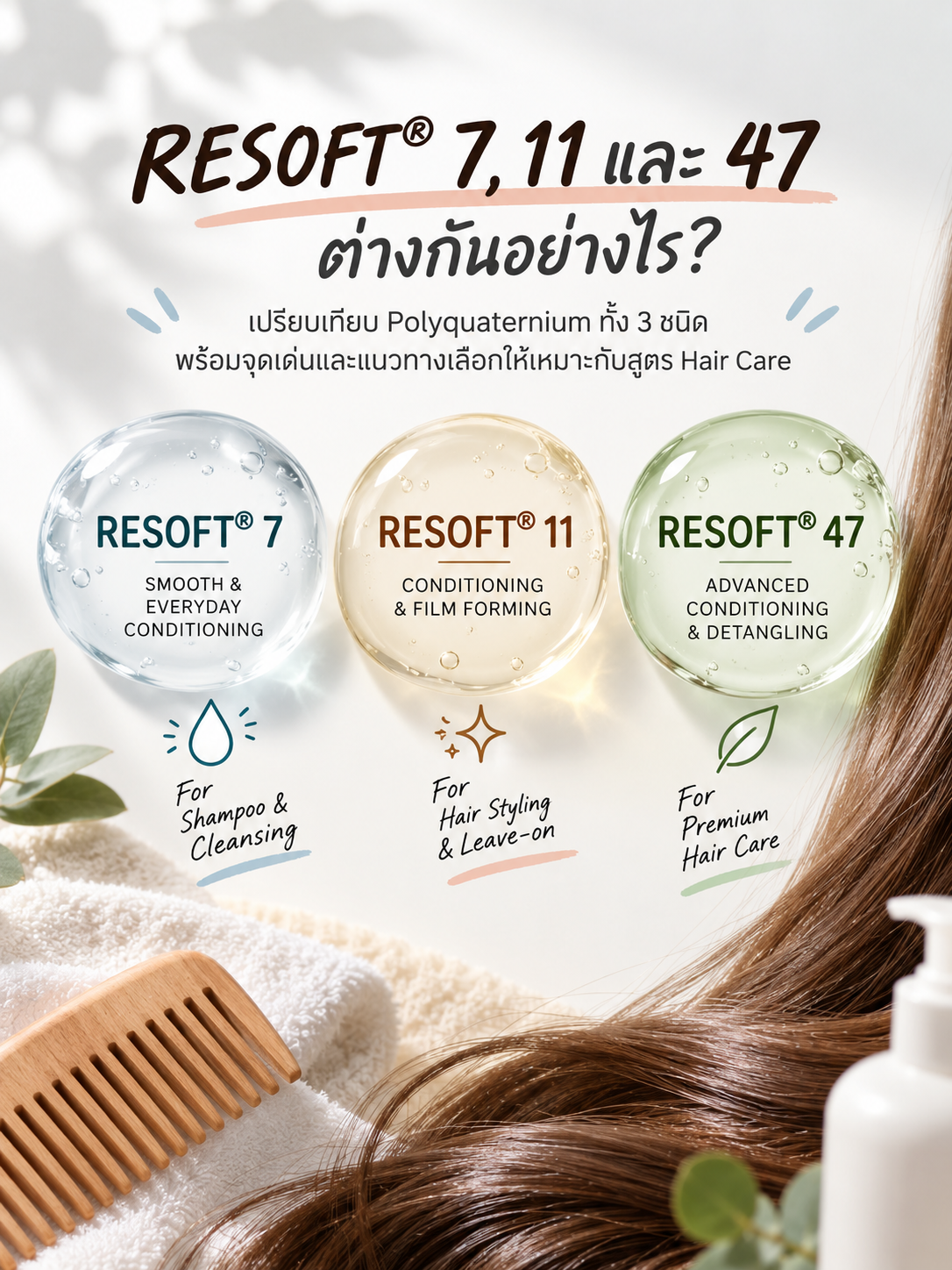Polyquaternium เลือกอย่างไร? เปรียบเทียบ RESOFT® 7, 11 และ 47 สำหรับสูตร Hair Care