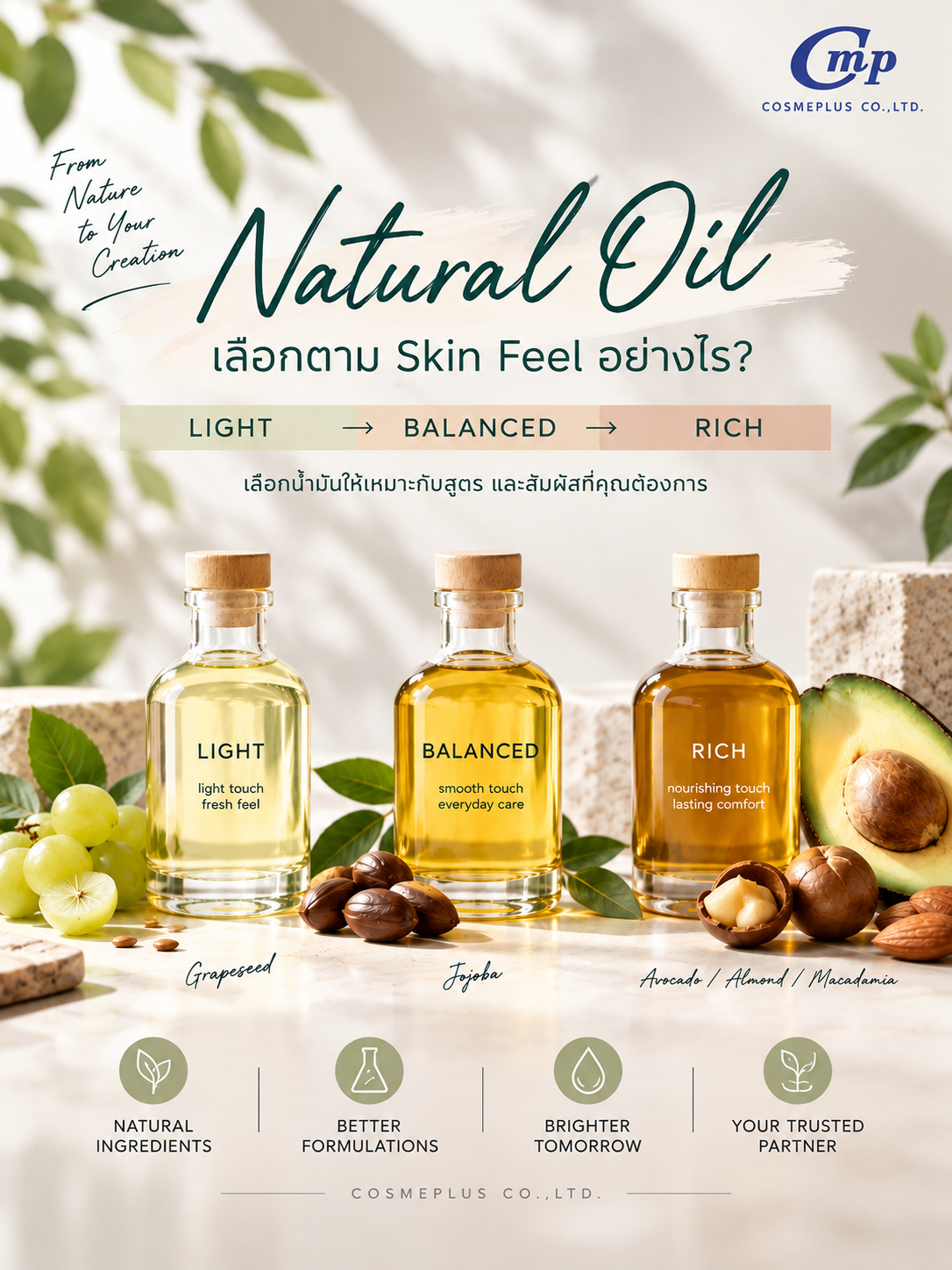 Natural Oil เลือกตาม Skin Feel อย่างไร? Light → Balanced → Rich
